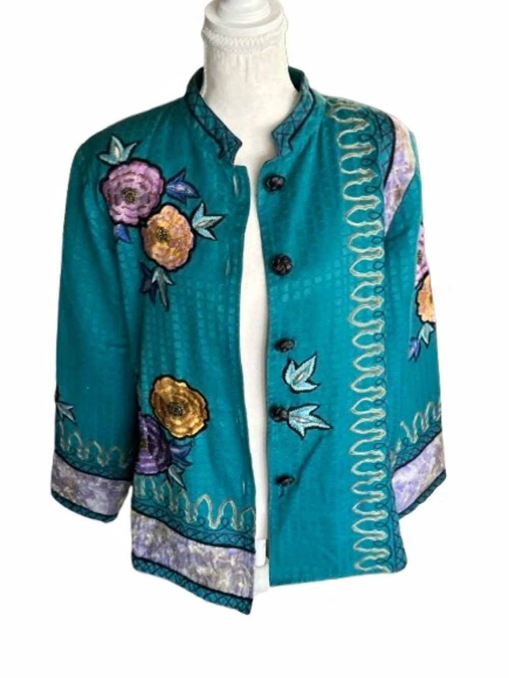 Embroidered Floral ALEX KIM Jacket EXTRA LARGE Bohemian Vintage Teal Cotton XL